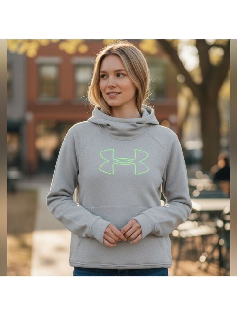 Under Armour Gray Hoodie Large Green Logo #HOD3